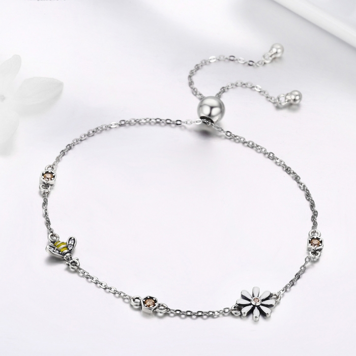 Bratara argint 925 reglabila cu floare alba, albinuta si zirconii colorate - Be Nature BST0035 [4]