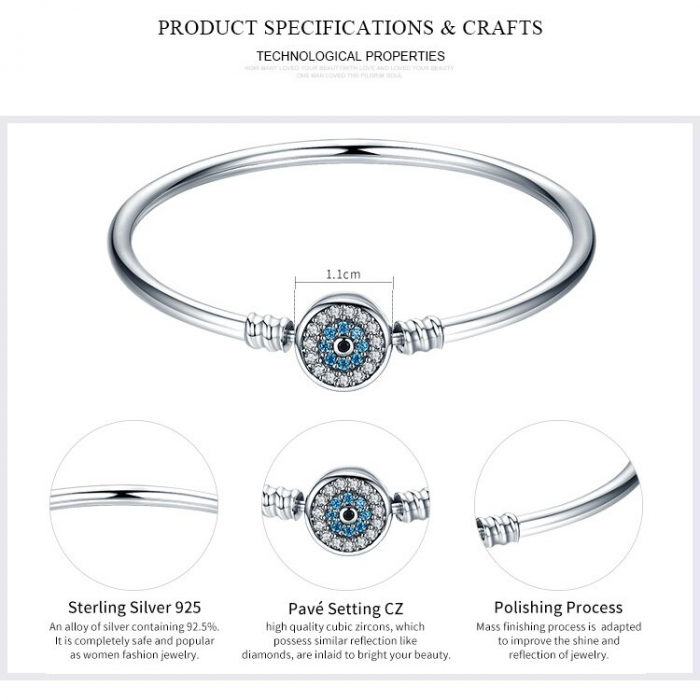 Bratara argint pentru talismane cu zirconii, cu ochi albastru [4]
