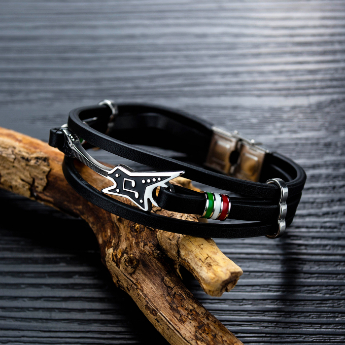 Bratara chitara din inox si piele neagra cu drapelul Italiei [3]