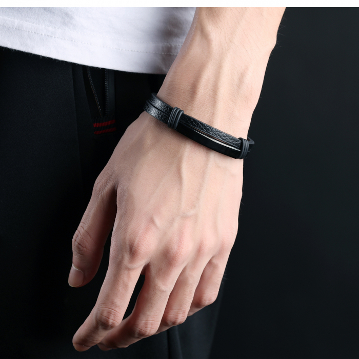 Bratara dubla din piele si inox cu placuta neagra [10]