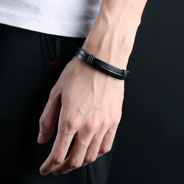 Bratara dubla din piele si inox cu placuta neagra [2]