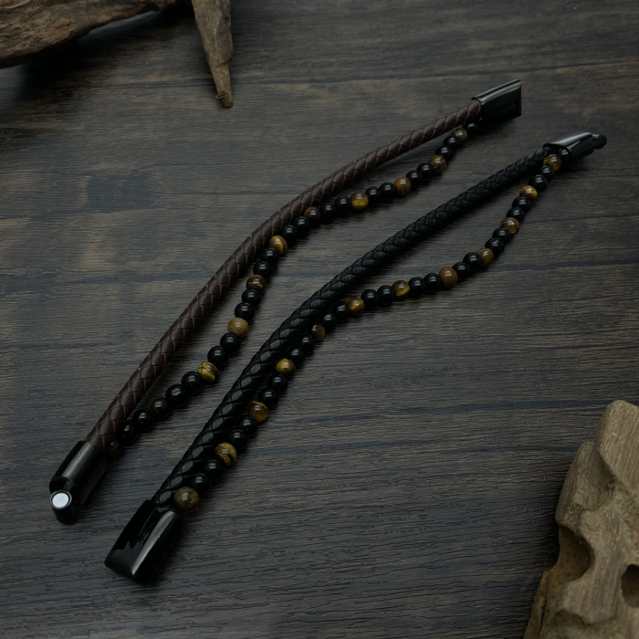 Bratara dubla inox, piele si ochi de tigru [12]