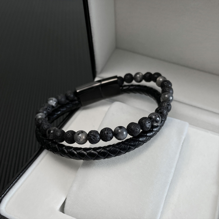 Bratara dubla inox, piele si roca vulcanica [3]