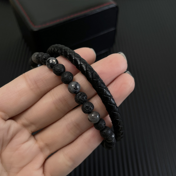 Bratara dubla inox, piele si roca vulcanica [4]