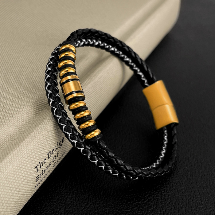 Bratara dubla inox si piele impletita [3]