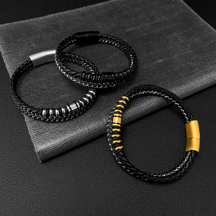 Bratara dubla inox si piele impletita [7]