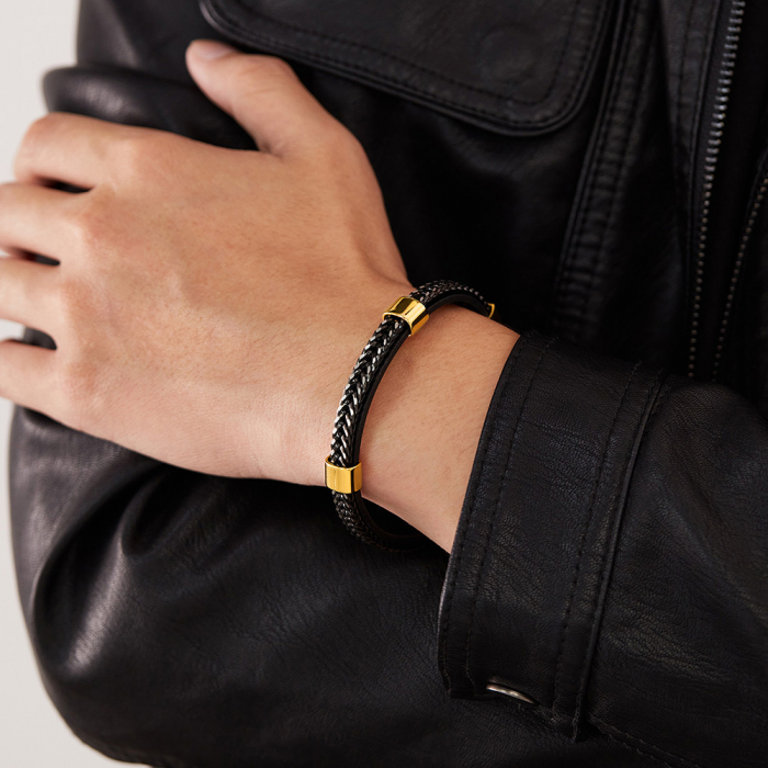 Bratara dubla inox si piele impletita [4]