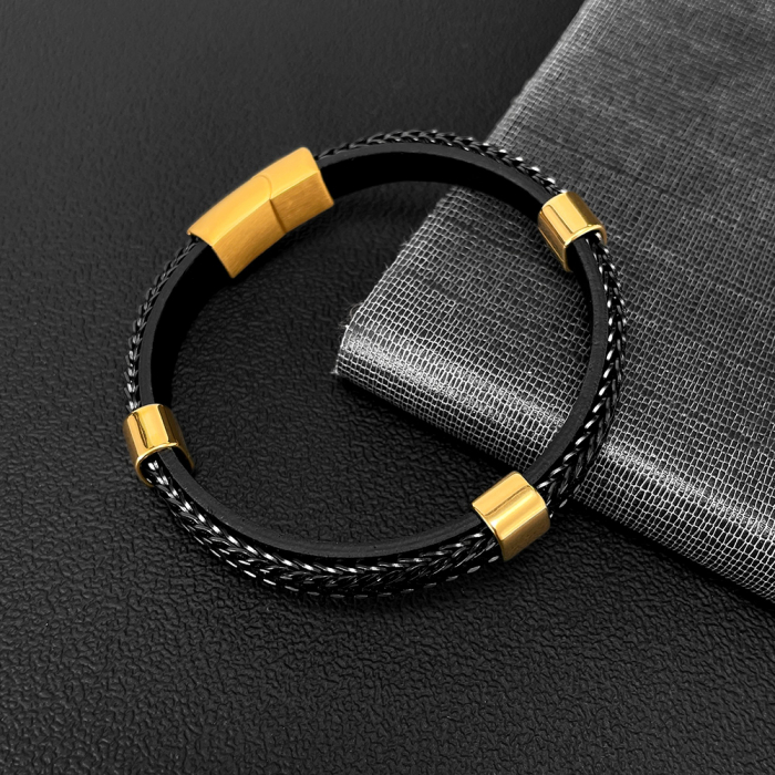 Bratara dubla inox si piele impletita [5]