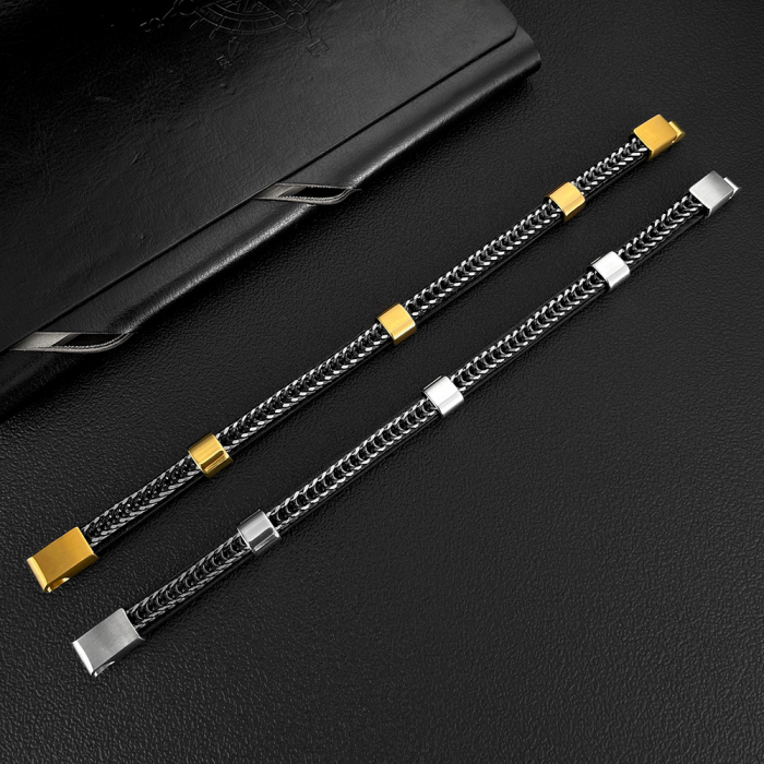 Bratara dubla inox si piele impletita [8]