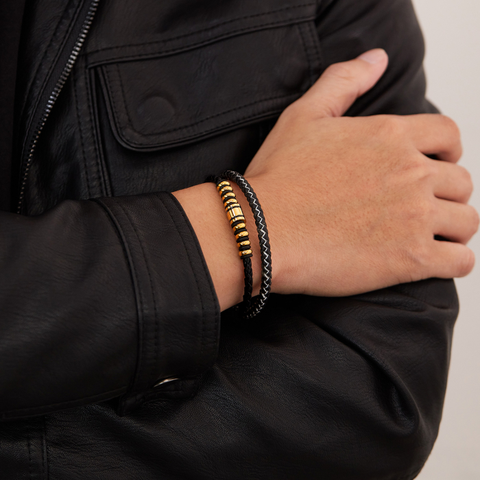 Bratara dubla inox si piele impletita [4]