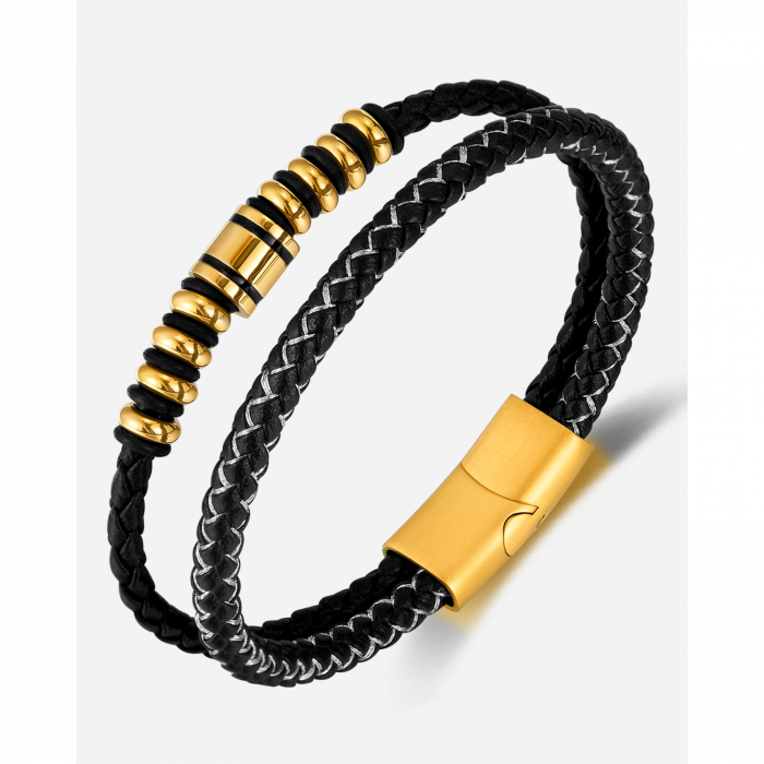 Bratara dubla inox si piele impletita [10]