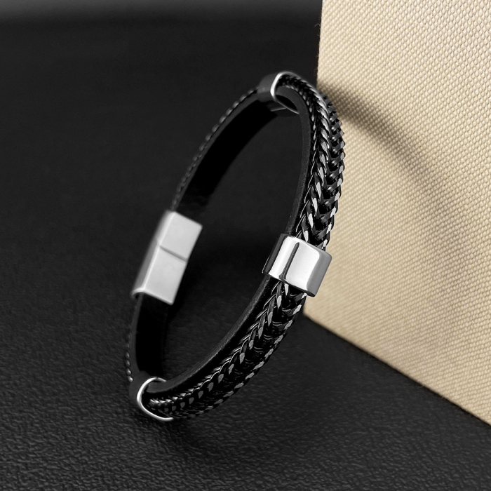 Bratara dubla inox si piele impletita [3]