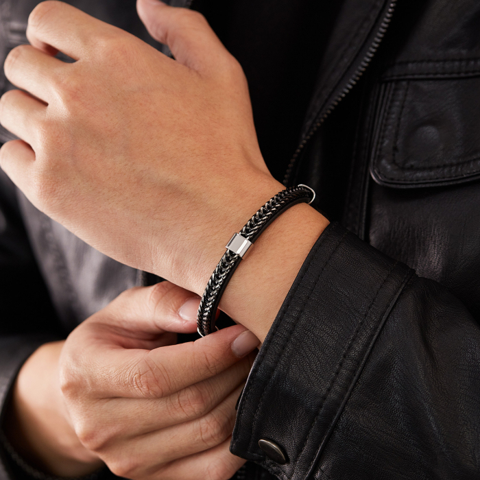 Bratara dubla inox si piele impletita [4]