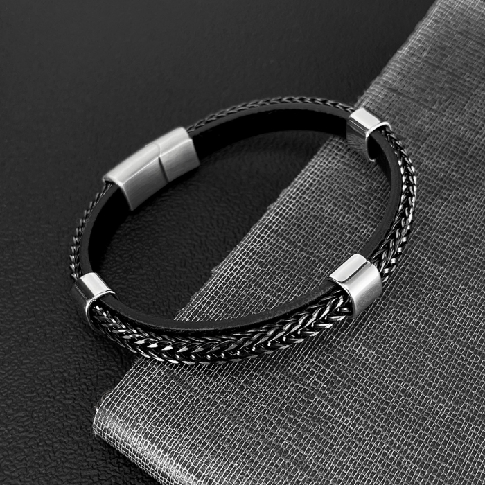 Bratara dubla inox si piele impletita [5]