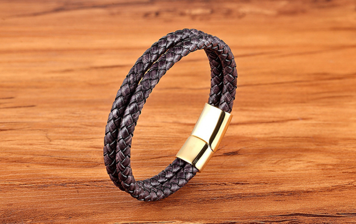 Bratara dubla gri inchis din piele naturala si inox [2]