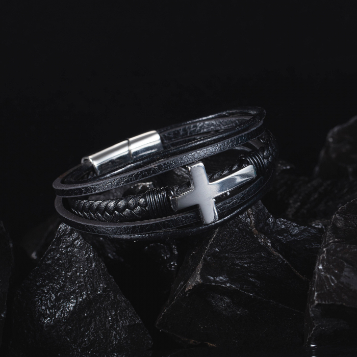 Bratara Faith cu cruce din inox si piele naturala [11]