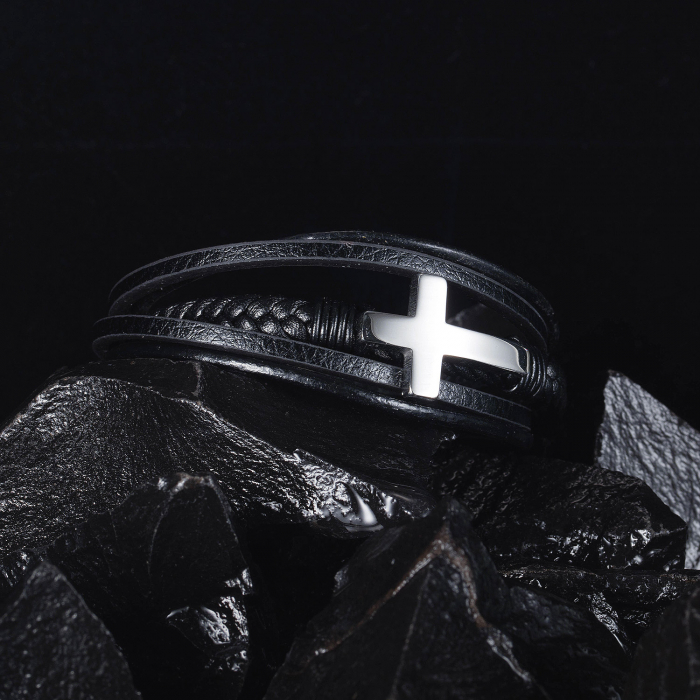 Bratara Faith cu cruce din inox si piele naturala [12]