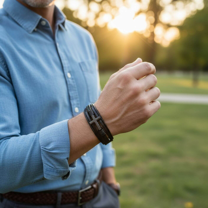 Bratara Faith cu cruce neagra din inox si piele naturala [3]