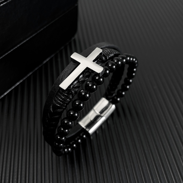 Bratara Faith tripla din inox, piele naturala si bazalt cu cruce argintie [2]