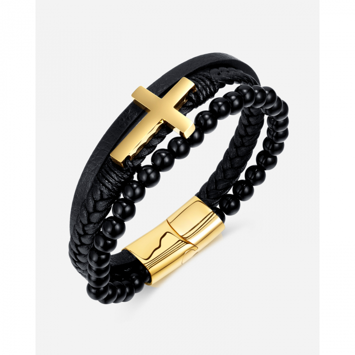 Bratara Faith tripla din inox, piele si bazalt cu cruce aurie [7]