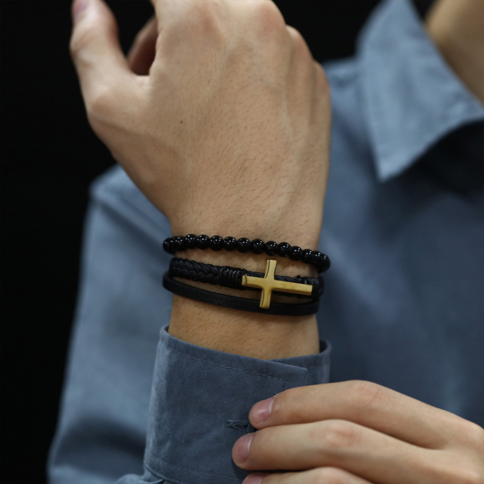Bratara Faith tripla din inox, piele si bazalt cu cruce neagra [6]