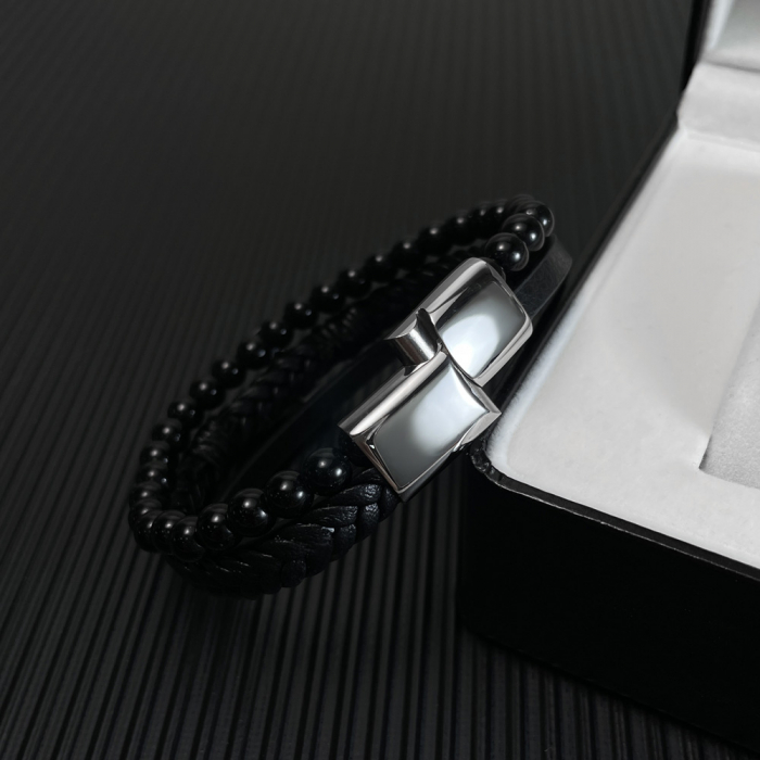 Bratara Faith tripla din inox, piele si bazalt cu cruce neagra [5]