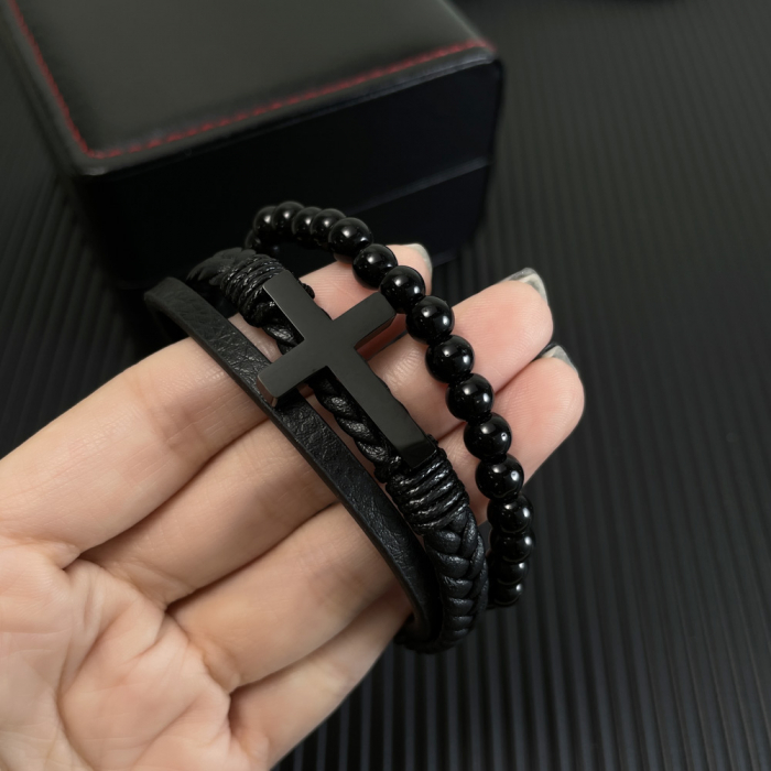Bratara Faith tripla din inox, piele si bazalt cu cruce neagra [3]