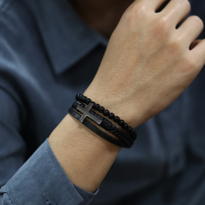 Bratara Faith tripla din inox, piele si bazalt cu cruce neagra [4]