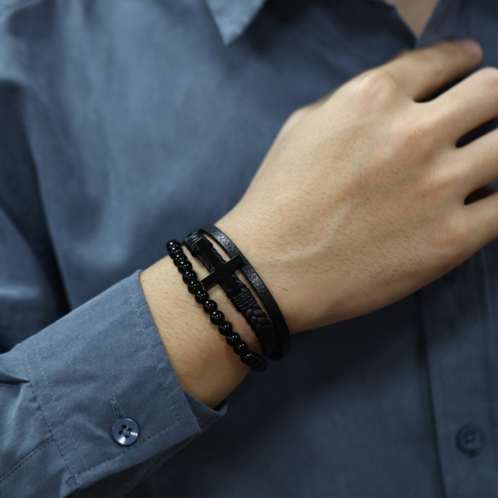 Bratara Faith tripla din inox, piele si bazalt cu cruce neagra [2]