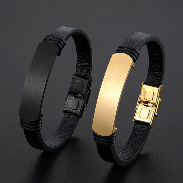 Bratara neagra din piele naturala cu placuta inox negru [3]