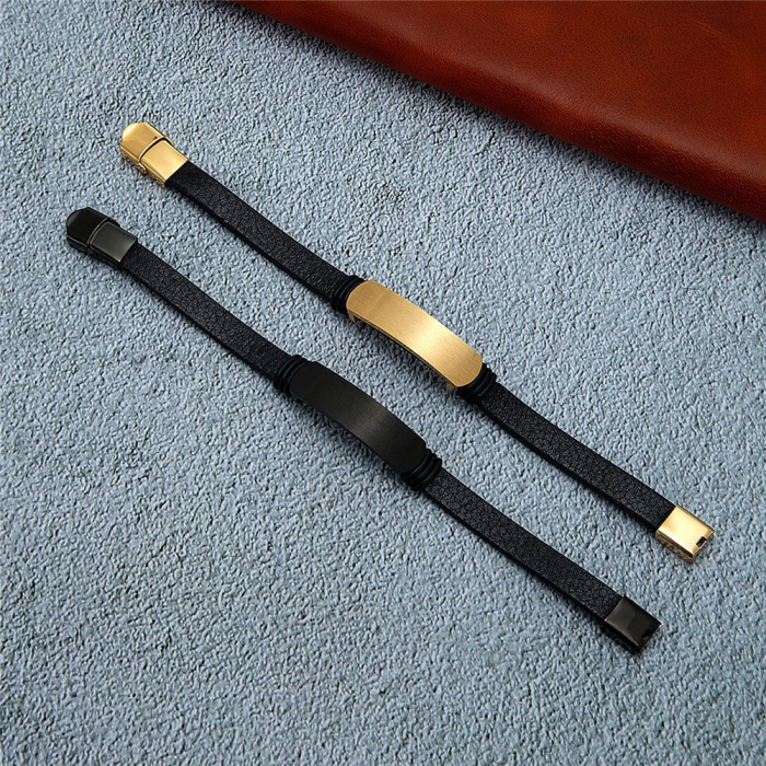 Bratara neagra din piele naturala cu placuta inox negru [2]