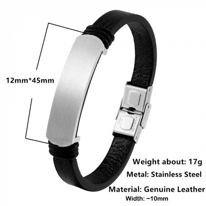 Bratara neagra din piele naturala cu placuta inox negru [4]