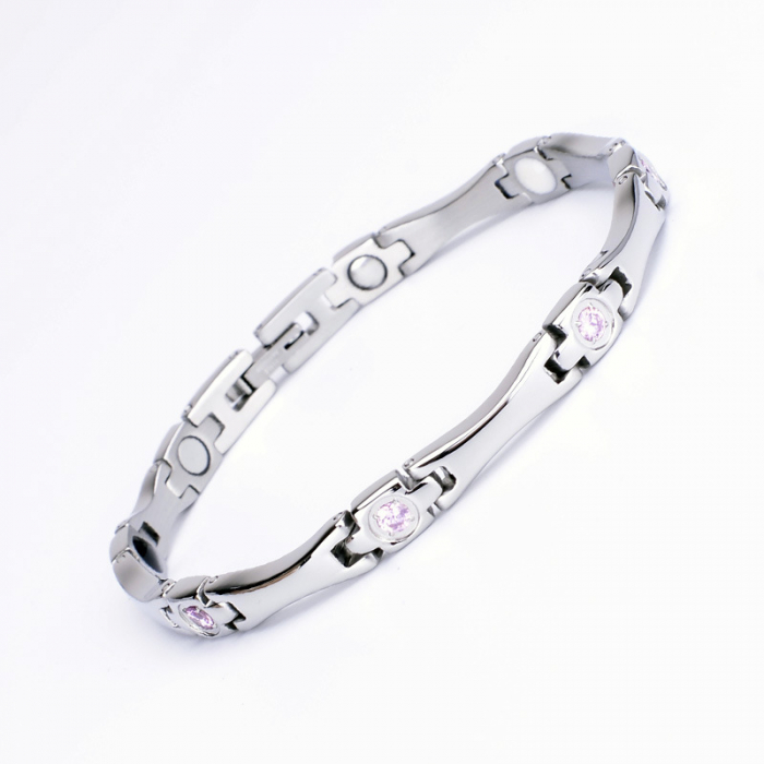 Bratara inox argintie cu zirconii, magneti, turmalina, germaniu si anioni [9]