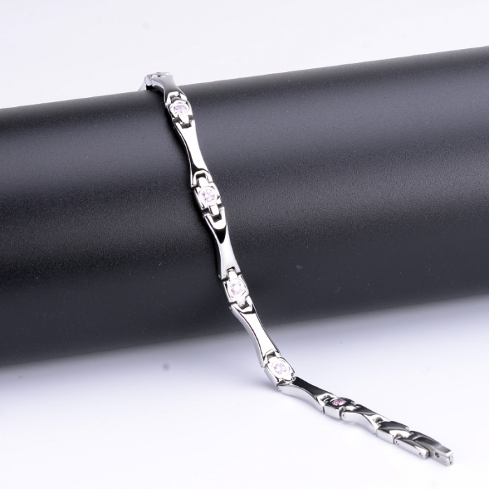 Bratara inox argintie cu zirconii, magneti, turmalina, germaniu si anioni [7]