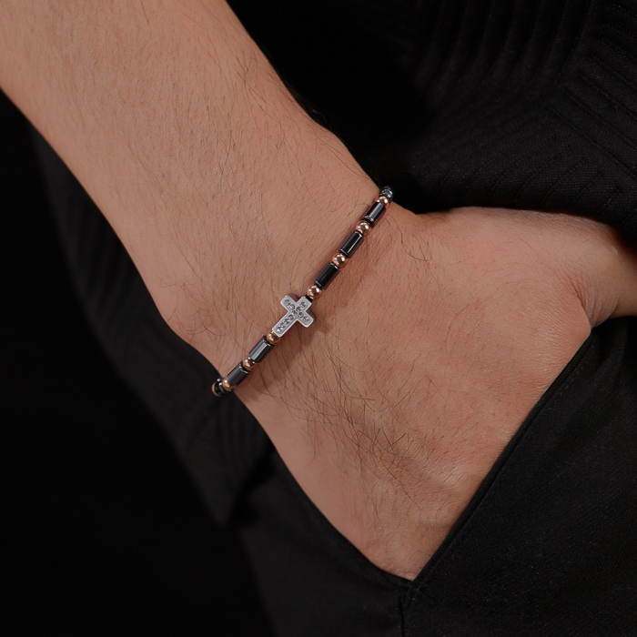 Bratara inox cu hematit, margele aurii si cruciulita [11]