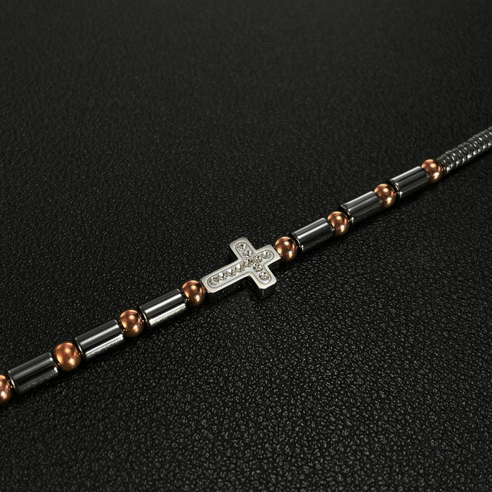 Bratara inox cu hematit, margele aurii si cruciulita [5]