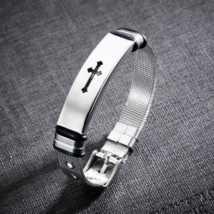 Bratara inox cu placuta argintie si cruce decupata [3]