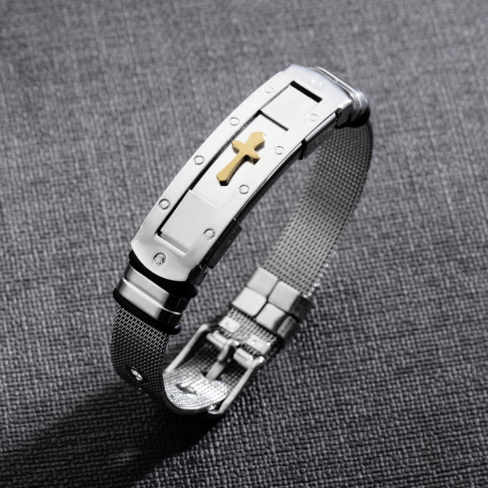 Bratara inox cu placuta argintie si cruce aurie [10]