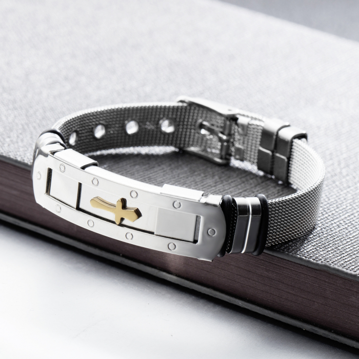 Bratara inox cu placuta argintie si cruce aurie [9]