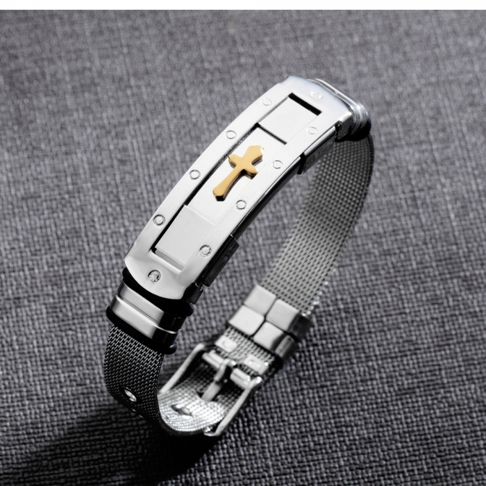 Bratara inox cu placuta argintie si cruce aurie [3]