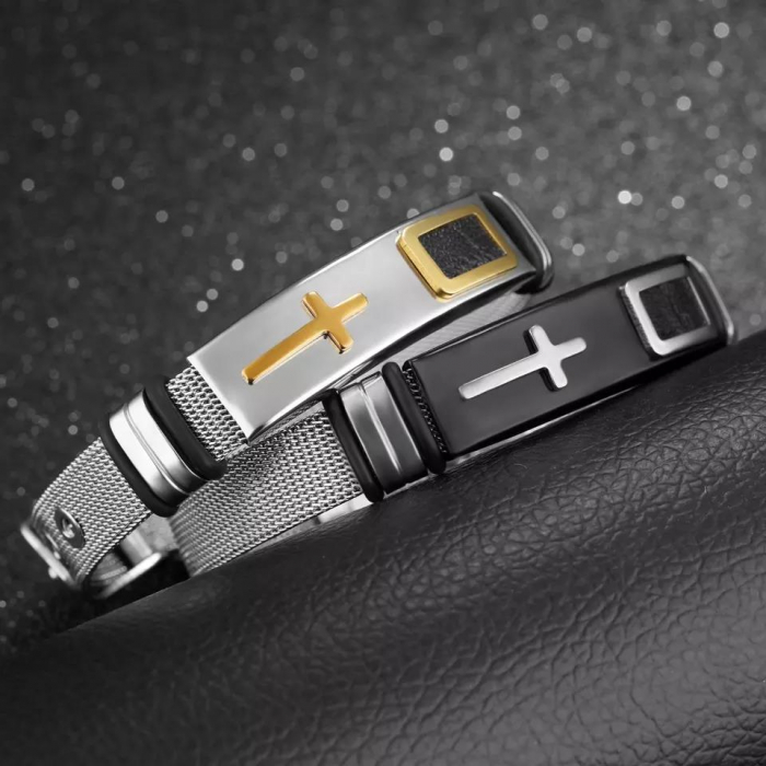 Bratara inox cu placuta argintie si cruce aurie [3]