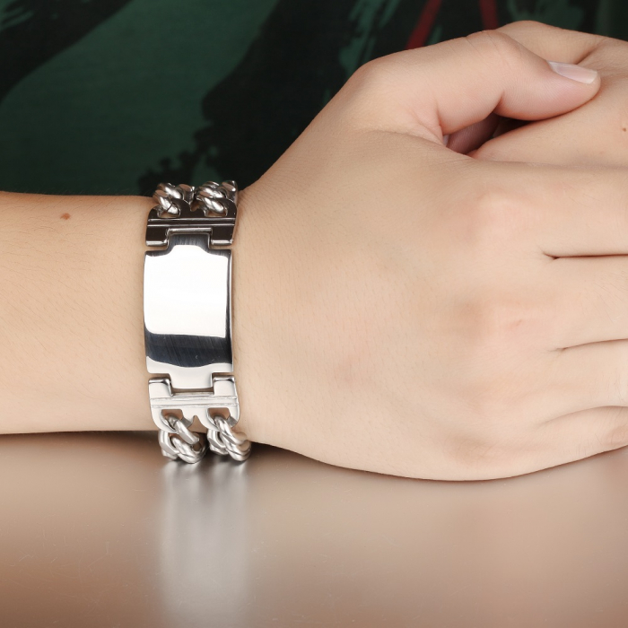 Bratara inox ajustabila cu placuta inscriptionabila si lant dublu [5]