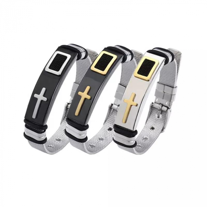 Bratara inox cu placuta argintie si cruce aurie [2]