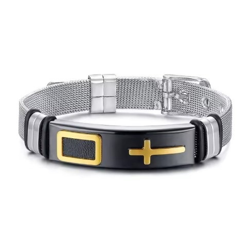 Bratara inox cu placuta neagra si cruce aurie [3]