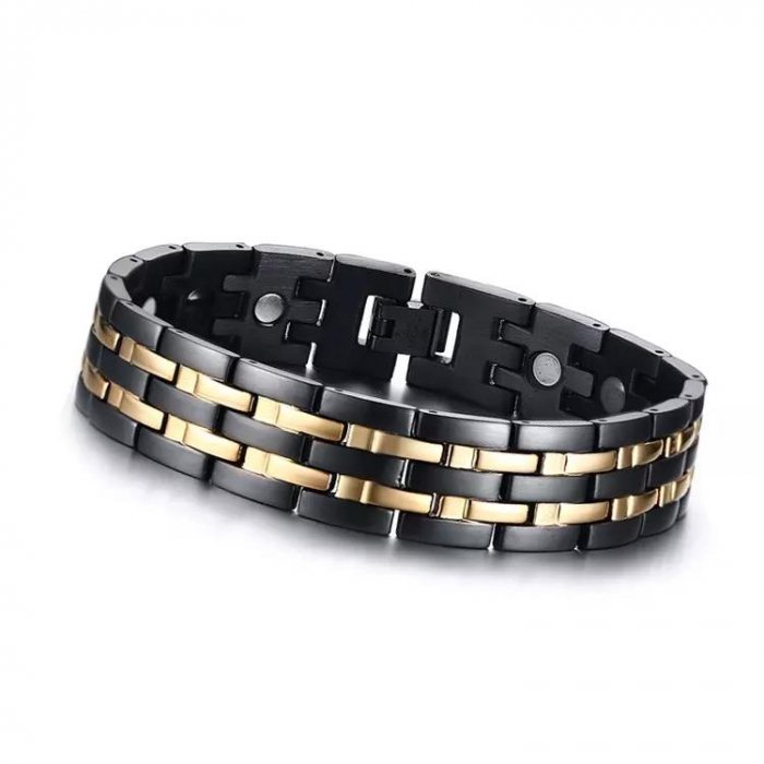 Bratara inox neagra cu dungi aurii si magneti [2]