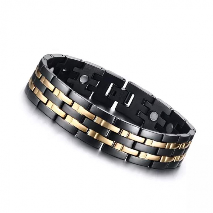 Bratara inox neagra cu dungi aurii si magneti [3]