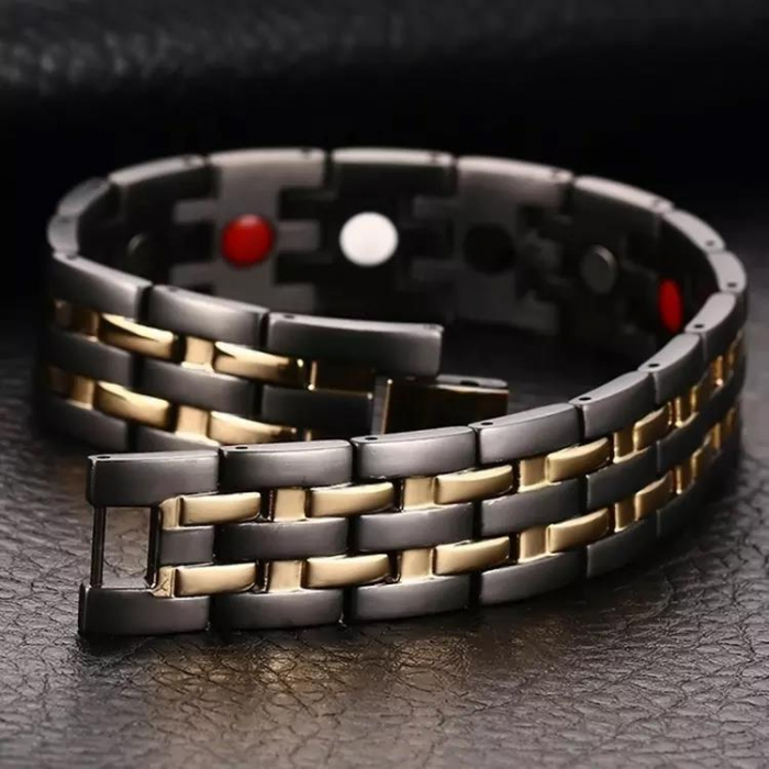 Bratara inox neagra cu dungi aurii si magneti [4]