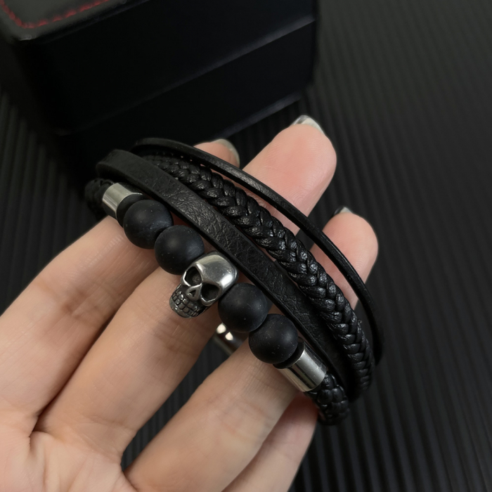 Bratara inox, piele, craniu si bazalt [5]