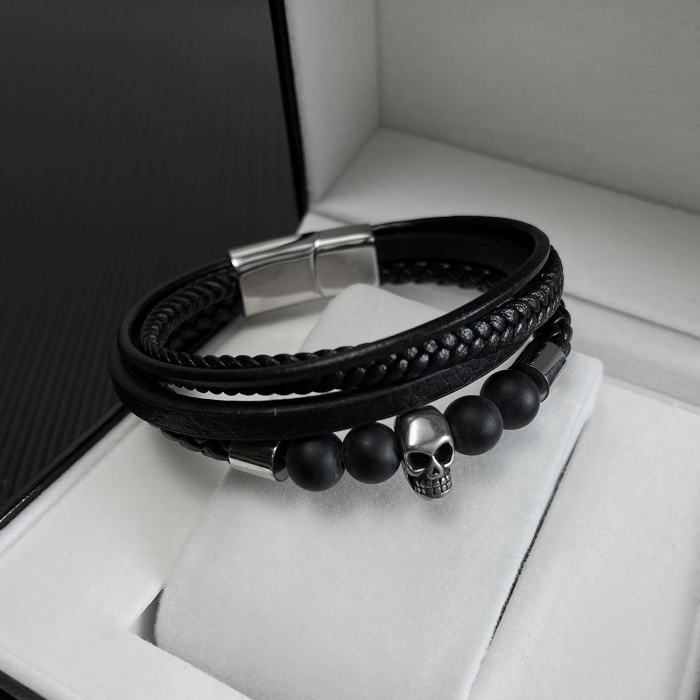 Bratara inox, piele, craniu si bazalt [10]