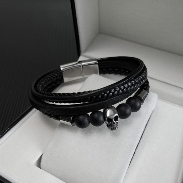 Bratara inox, piele, craniu si bazalt [3]